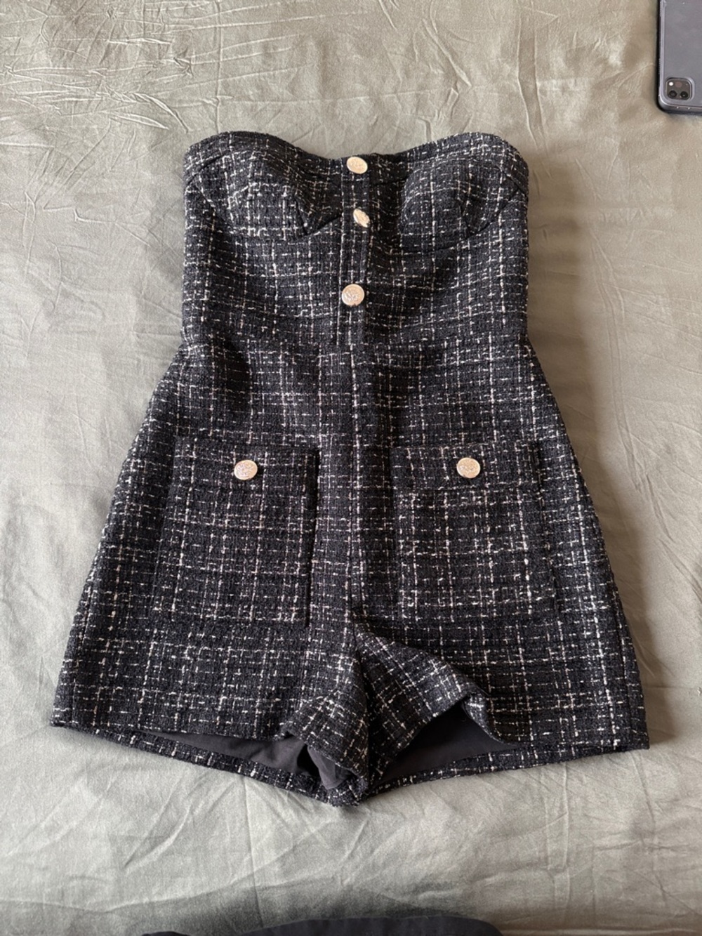 Miss Selfridge Black and White Tweed Strapless Romper with Gold Button